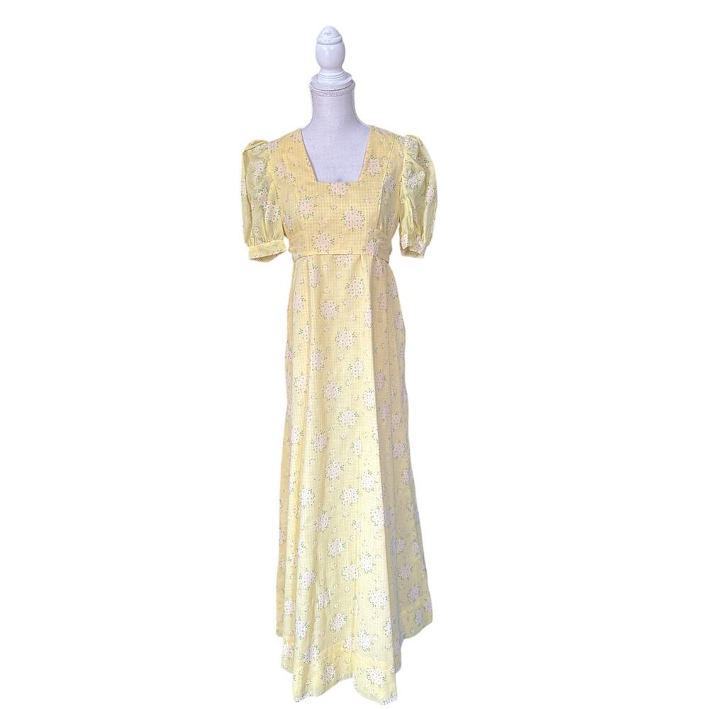 Vintage 70s Butter Yellow Empire Waist Floral Cottagecore Prarie Dress